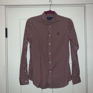 Button down.  Maroon and white stripe